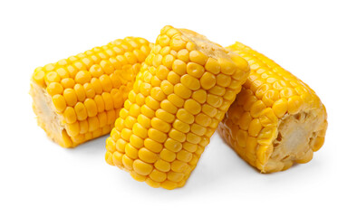 Pieces of boiled corncobs isolated on white
