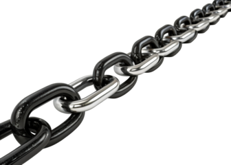Strong black and silver metal chain links creating a visual metaphor for connection strength and industrial power, ideal for concepts of security and robust construction.
