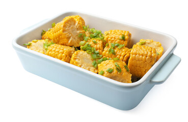 Pieces of boiled corncobs with green onion in baking dish isolated on white
