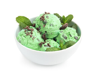 Tasty mint chocolate chip ice cream with leaves in bowl isolated on white