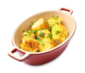 Pieces of grilled corn cobs with green onions isolated on white