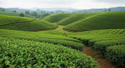 Lush green rolling hills of a tea plantation