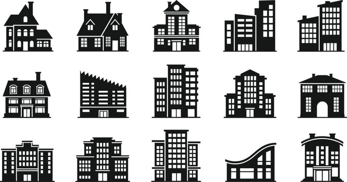 Urban building silhouettes, modern architecture icons, residential and commercial structures, cityscape elements, vector design for real estate, planning, construction, branding - Powered by Adobe