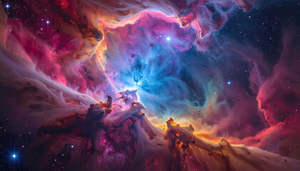 Vibrant nebula in deep space, a breathtaking celestial cloud formation painted with cosmic colors and starlight