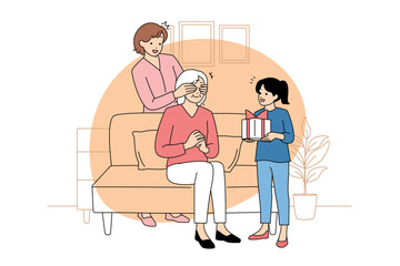 Intergenerational love celebrated through gift exchange and laughter