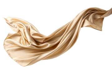Flowing champagne gold satin fabric in motion, captured midair with graceful folds and elegant curves, perfect for luxury product backgrounds or abstract textile presentations.