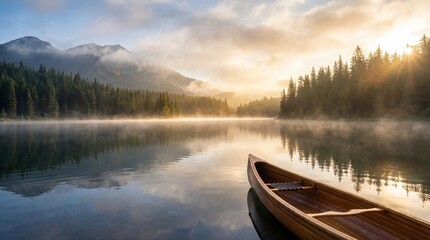 Serene morning scene with a wooden canoe on calm lake waters surrounded by misty mountains and dense forest
