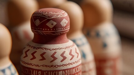 Wooden Ornaments: Intricate wooden ornaments, each meticulously handcrafted with distinctive patterns, stand in a line, revealing the artistry and cultural heritage. 