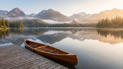 Fototapeta premium Serene wooden canoe resting on a dock at dawn with misty mountains and calm lake reflections