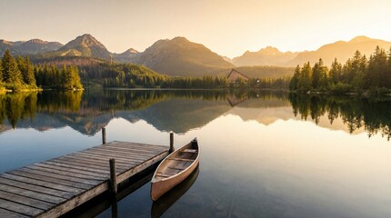 Serene lake at sunset with a wooden dock and canoe surrounded by forested mountains