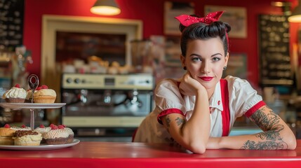 Retro Diner Barista Leaning on Counter