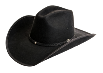 Classic black felt cowboy hat with decorative band and silver star emblem, perfect for western themed events or costume parties and promotional uses