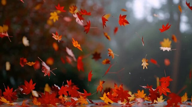 Colorful autumn leaves falling gently, red and gold foliage, peaceful, slow-motion background 4K 