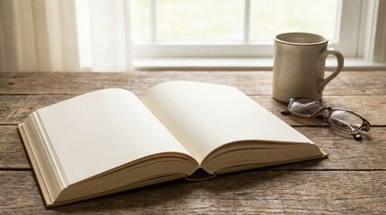 Fototapeta premium Open book on wooden table with a cup of coffee and glasses beside a window