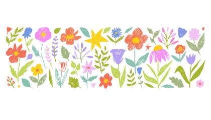 Whimsical Garden Collection A Vibrant Assortment of Hand-Drawn Flowers and Botanical Elements