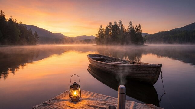 Serene lake at sunset with a wooden boat and lantern creating a peaceful and tranquil atmosphere - Powered by Adobe