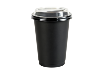 Sleek matte black disposable coffee cup with a clear plastic lid, perfect for cafes, coffee shops, and takeaway beverage promotions.