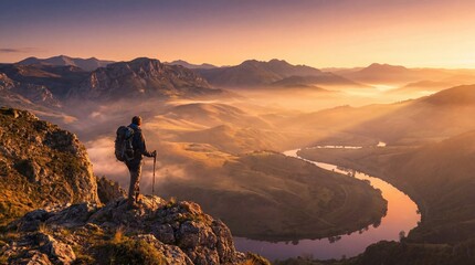 A hiker stands on a rocky cliff overlooking a vast valley and winding river at sunrise with misty mountains in the background