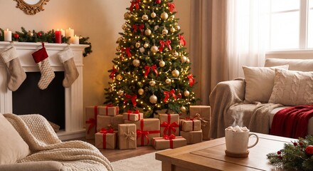 Cozy living room with a beautifully decorated Christmas tree and festive holiday decorations