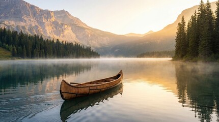 Serene canoe floating on calm lake at sunrise surrounded by misty mountains and dense forest