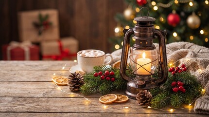Cozy Christmas scene with lit lantern, festive decorations, and warm drinks on a rustic wooden table