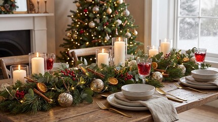 Cozy Christmas dinner table with festive decorations, candles, and a decorated tree in the background