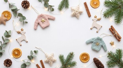 Festive holiday decorations with knitted sweaters, deer figurines, stars, pinecones, eucalyptus leaves, cinnamon sticks, and dried orange slices