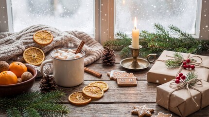 Cozy winter scene with hot drink, dried orange slices, pinecones, and festive decorations on a wooden table