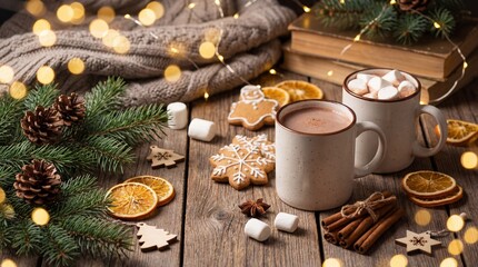 Cozy winter scene with hot chocolate mugs, festive cookies, pine branches, cinnamon sticks, and warm lights on a wooden table
