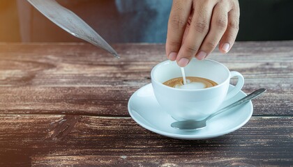 Person Stirring Coffee In White Cup On Wooden Table.