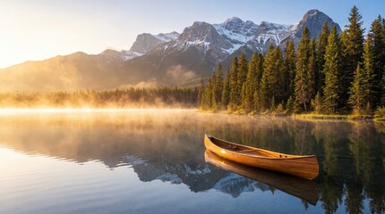 Serene morning at a misty lake with a wooden canoe and snow-capped mountains in the background