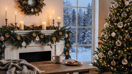 Cozy Christmas living room with decorated fireplace, lit candles, festive garland, and adorned tree by the window