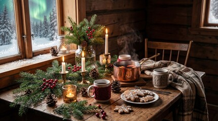 Cozy winter scene with festive decorations, hot drinks, and cookies in a rustic wooden cabin