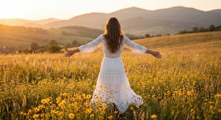 Woman with arms outstretched in a sunlit field of wildflowers and rolling hills at sunset