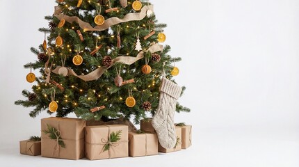 Festive Christmas tree adorned with dried orange slices, cinnamon sticks, pinecones, and wrapped gifts underneath