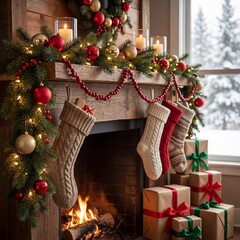 Cozy Christmas fireplace decorated with stockings, ornaments, and wrapped gifts