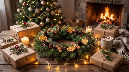 Cozy Christmas scene with wrapped gifts, pine wreath, candles, and a warm fireplace