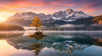 Majestic snow-capped mountains reflected in a serene lake at sunrise with a solitary tree on an island