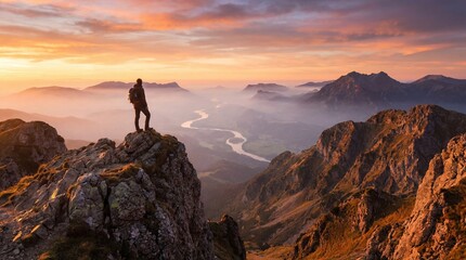 A hiker stands on a rocky peak at sunset overlooking a winding river valley surrounded by misty mountains