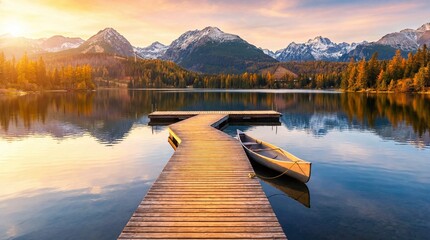 Serene lake at sunrise with wooden dock and canoe surrounded by autumn forest and snow-capped mountains
