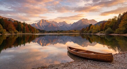 Serene lake at sunset with a wooden canoe and mountain reflections in autumn