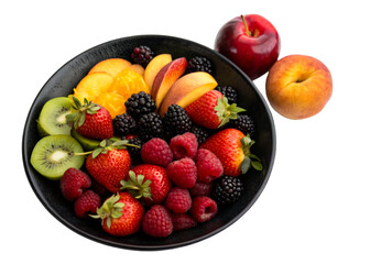 Healthy fresh fruit salad in a black bowl featuring strawberries, blackberries, raspberries, kiwi slices, and sliced peaches, perfect for a nutritious diet or culinary inspiration.