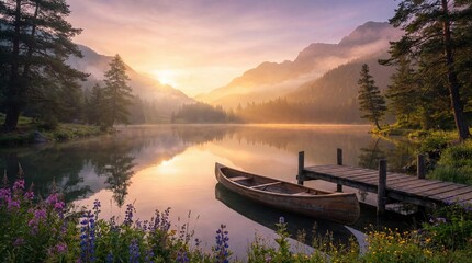 Serene lake at sunrise with misty mountains and a wooden dock with a rowboat surrounded by wildflowers