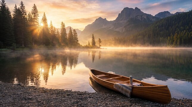 Serene lake at sunrise with misty mountains and a wooden canoe on the shore - Powered by Adobe