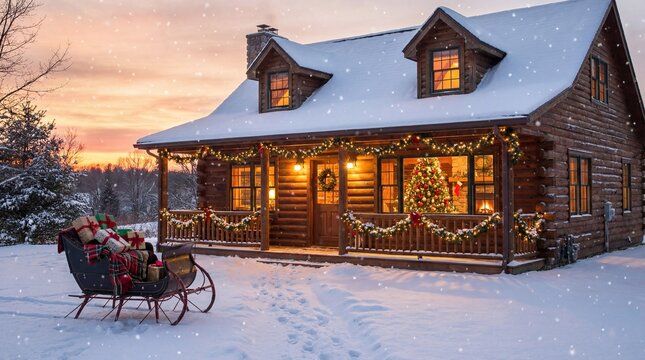 Cozy log cabin adorned with Christmas decorations during a snowy winter evening - Powered by Adobe