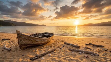 A weathered wooden boat rests on a sandy beach at sunset with scattered driftwood and seashells