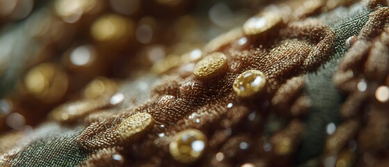 Dazzling Dewdrops: A macro perspective unveils a verdant, textured surface adorned with shimmering dewdrops, capturing the intricate beauty of the natural world.