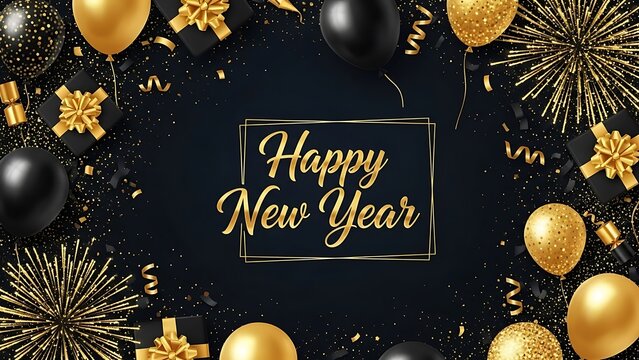 Elegant happy new year celebration with gold and black balloons fireworks and confetti