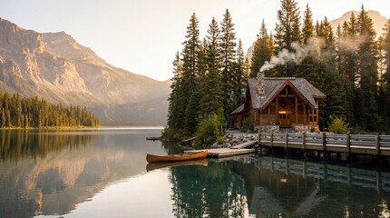 Serene lakeside cabin nestled among tall pine trees with a canoe docked on the calm water and majestic mountains in the background