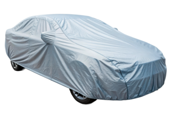 Silver car cover protecting a sedan vehicle from the elements, ideal for automotive storage and preservation visuals.